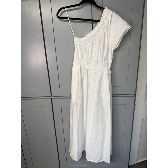 J Crew Smocked Cotton Poplin One-Shoulder Dress White XS Coastal Boho Resortwear - Picture 9 of 13